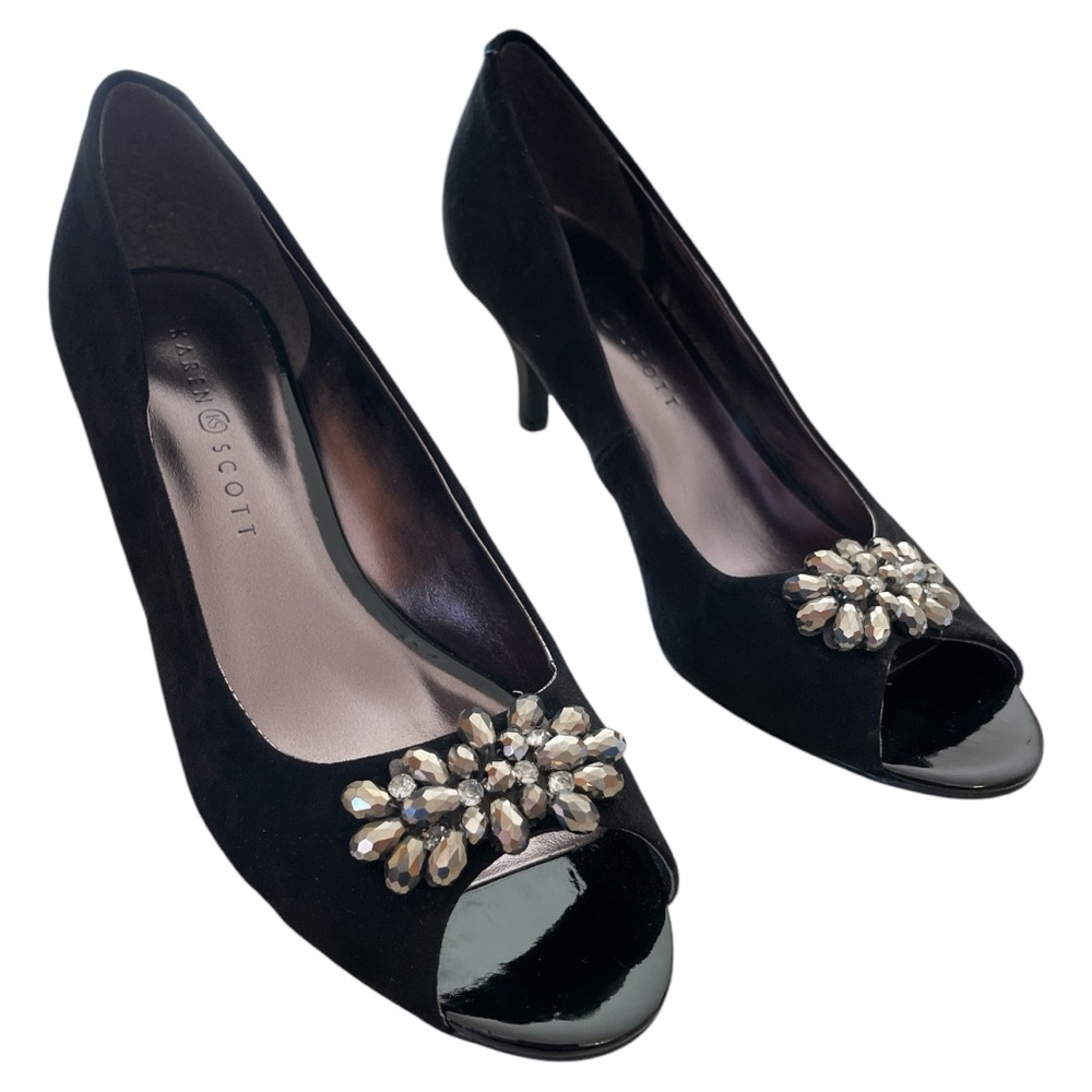 Karen Scott Maralyn Elegant Black Peep-Toe Heels with Embellishments Size 9